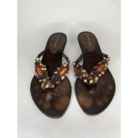 sarkany Sandals Women Size 37 US 7 Brown Leather Multi Color Stones - Picture 1 of 13